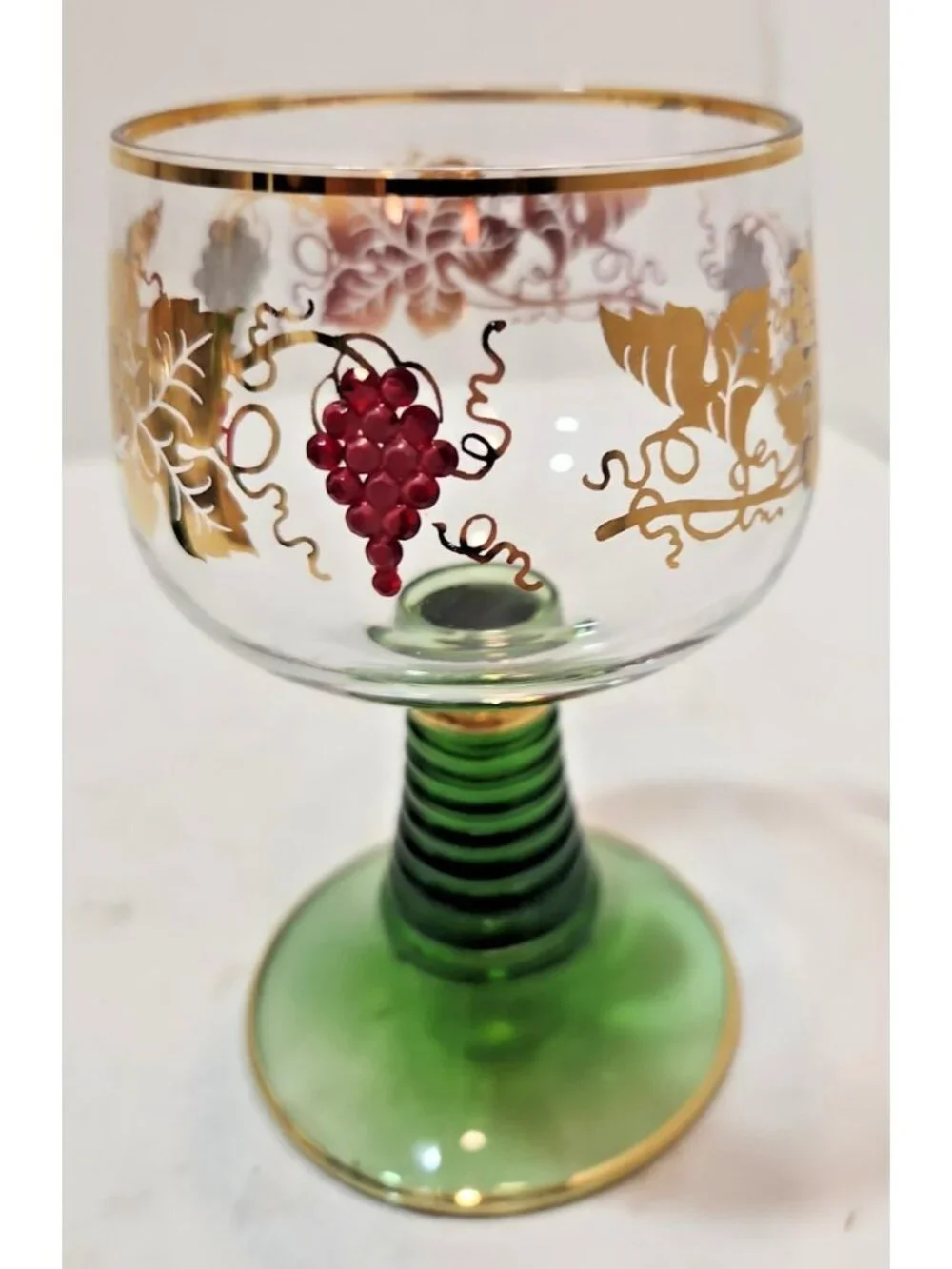 Vtg W. Germany Roemer Wine Glasses Green Beehive Stem Red Jeweled Grapes W/Gold